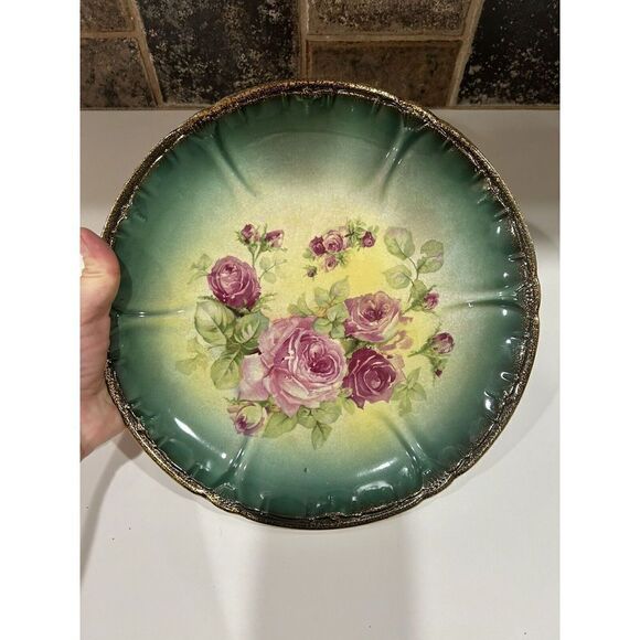 Franz Anton Mehlem Bonn Detailed Green Plate Pink Flowers antique Plate. - Picture 9 of 10